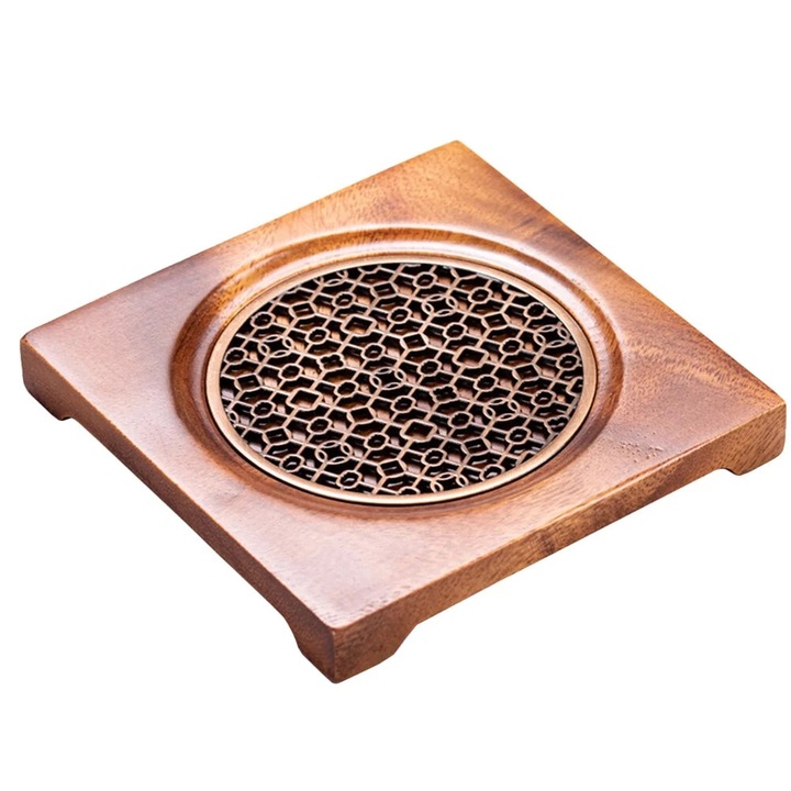 Suport pentru ceainic ZYBLSSBB LSM2xh10515-BCS0093832-1, lemn masiv cu placa metalica perforata din inox, cafeniu, 14,5 x 14,5 x 9,3 cm
