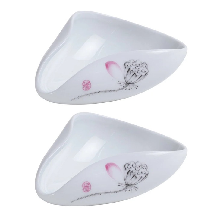 Suport pentru lingurita si frunze de ceai ZYBLSSBB din ceramica, model floral, alb/roz, set 2 buc., 9,7 x 8 x 3,6 cm