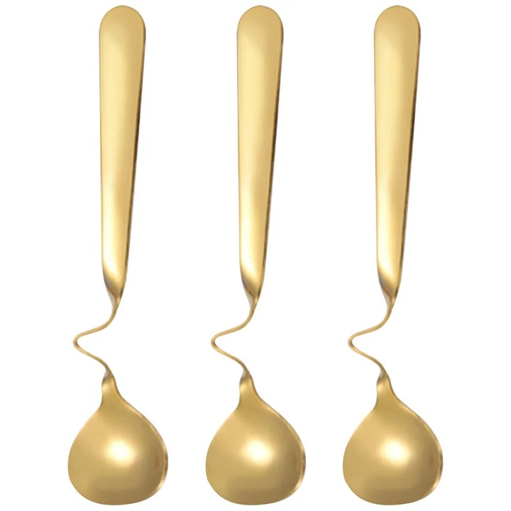 Set 3 linguri inox pentru miere, maner curbat, auriu, 14.5x3.3x1 cm