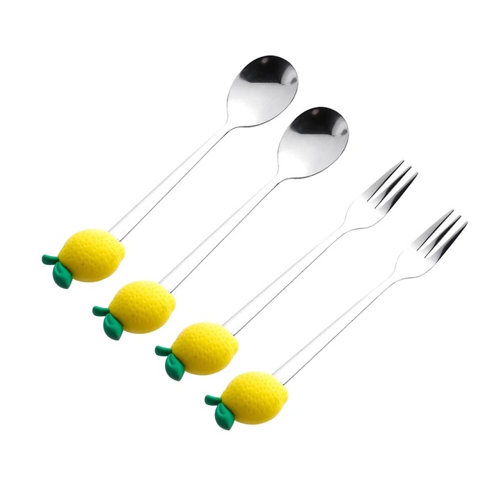 Set de 2 linguri si 2 furculite ZYBLSSBB LSM2xh11012-BCS0101709, inox cu manere din silicon decor lamaie, galben/verde, 15,5 cm