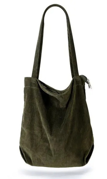 Geanta dama corduroy, mare capacitate, verde inchis, 46x40x10cm