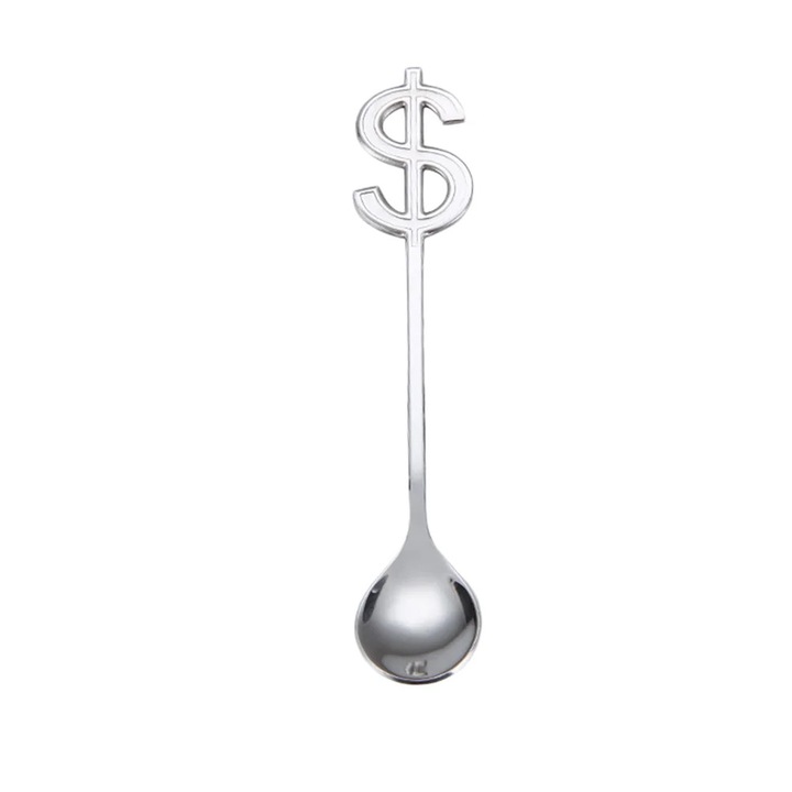 Lingurita pentru cafea ZYBLSSBB LSM2xh11122-BCS0103129, din inox 304, cap in forma de semn dolar, finisaj oglinda, argintiu, 15 x 2.7 x 1 cm