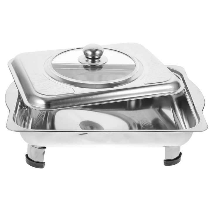 Tava inox 33.5x27.5x9.5cm, capac transparent, picioare antiderapante