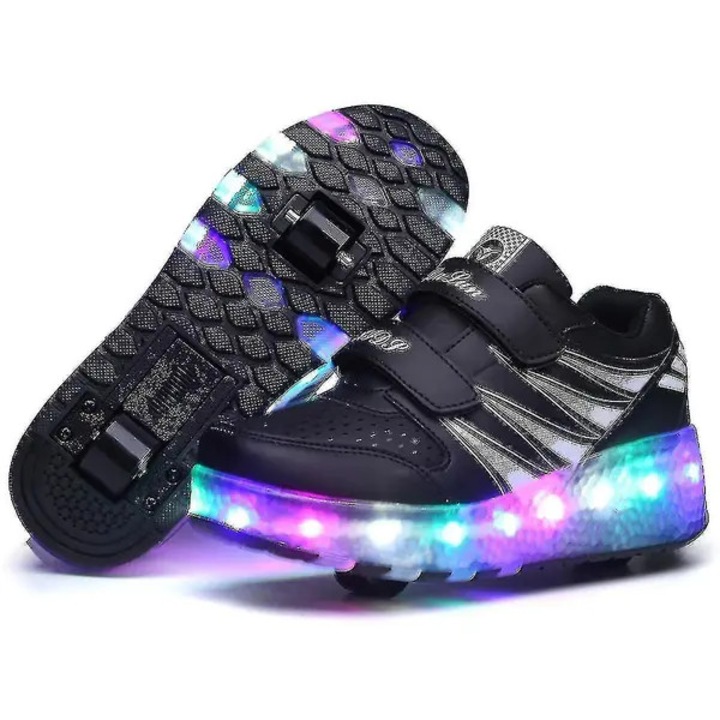 Pantofi cu roti duble LED, incarcare USB, negru, 32