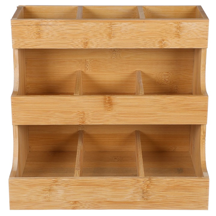 Raft depozitare pentru pliculete de ceai ZYBLSSBB din bambus, 3 niveluri cu compartimente, natural, 26.8 x 17.5 x 24.4 cm