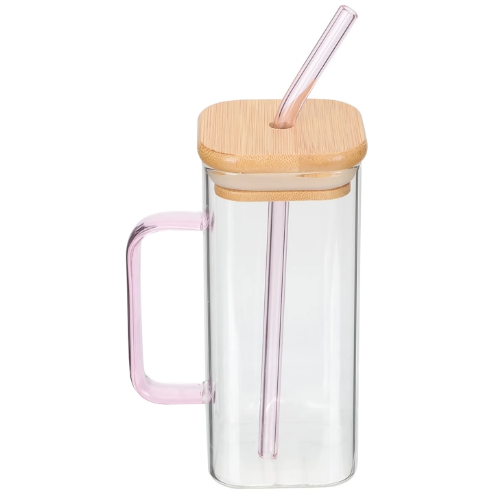 Pahar YANYXR cu capac bambus si maner, roz, 13.5x6x6cm
