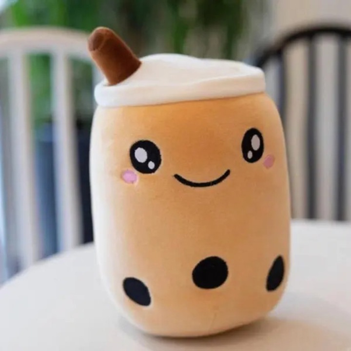 Plüss díszpárna, bubble tea modell, barna, 25x16x10cm