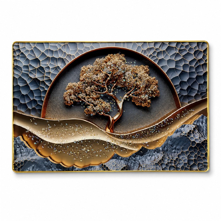 Tablou decorativ Copacul vietii abstract in relief cu aplicatii cristale, in rama aurie, 60x40 cm, Velve