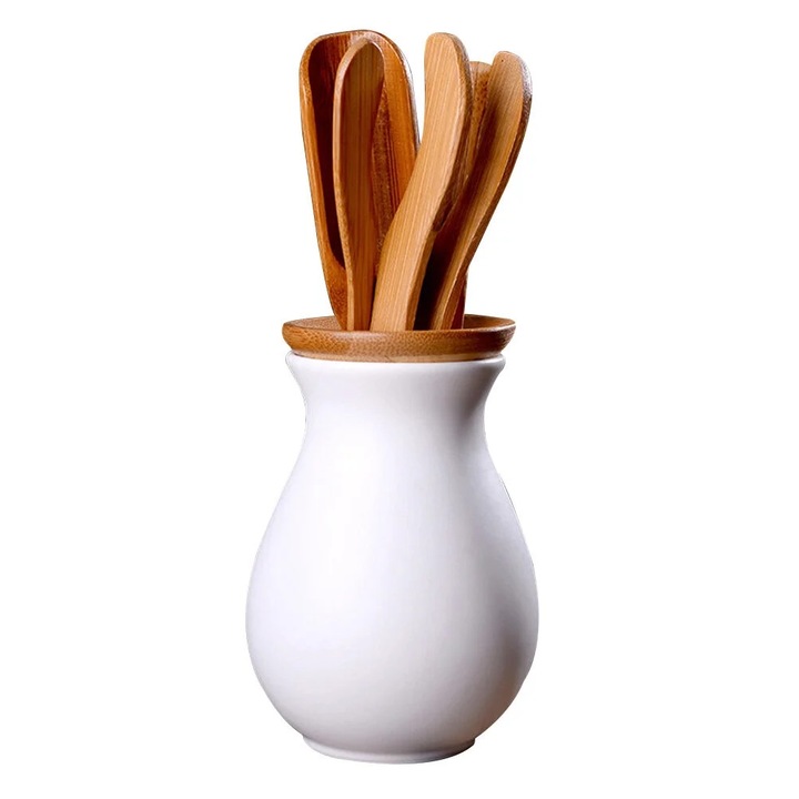 Set unelte pentru ceai ZYBLSSBB LSM2xh16328-BCS0168271, ceramica si bambus, alb/natural, dimensiuni aprox. 18 x 7.5 x 7.5 cm