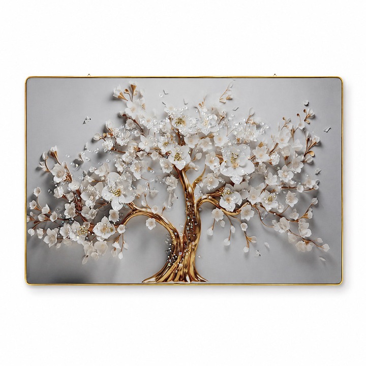 Tablou decorativ modern Copac Inflorit 3D in relief, cu flori albe si cristale, rama aurie, 60x40 cm, Velve