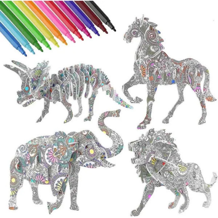 3D puzzle készlet gyerekeknek, 4 állatmodell, többszínű