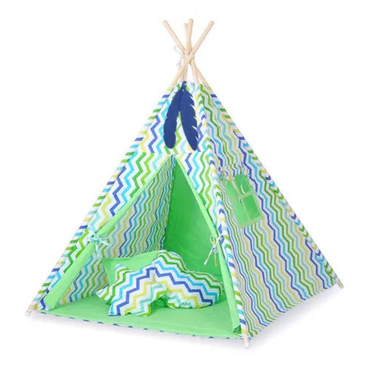 Gyerek tipi sátor, pamut és fa, zöld-kék, 130x130x180cm, összecsukható