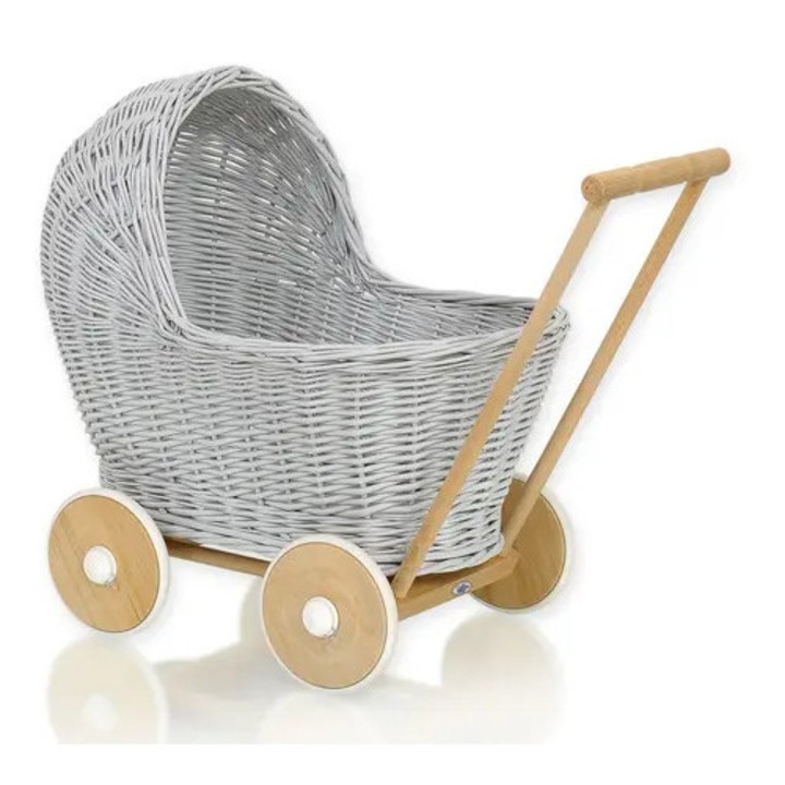 Carucior papusi din rachita, gri, 48x31x52cm, cadru lemn robust, roti cauciuc