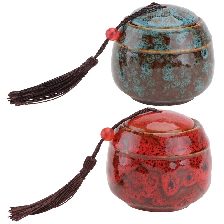 Set de 2 cutii pentru ceai ZYBLSSBB LSM2xh3612-BCS0098332, ceramica, design retro cu capac, rosu/albastru, 6.2 x 5.2 x 5.2 cm