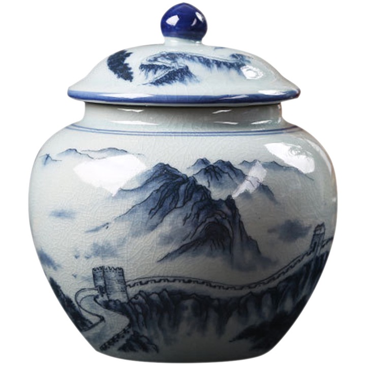 Recipient de depozitare pentru ceai ZYBLSSBB LSM2xh3979-BCS0118563, din ceramica, capac etans, stil chinezesc, albastru/alb, 15 x 13 x 13 cm