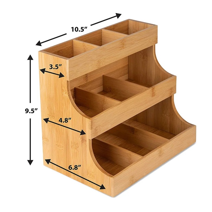 Organizator pentru plicuri de ceai si accesorii ZYBLSSBB LSM2xh5219-BCS0168415-1, din bambus, 3 niveluri cu compartimente, Multicolor, 26.8 x 17.5 x 24.4 cm
