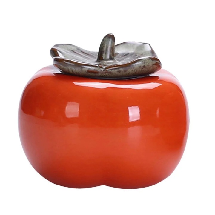 Recipient pentru ceai ZYBLSSBB LSM2xh4380-BCS0135122 in forma de fruct kaki, ceramica emailata cu capac etans, portocaliu/maro, 8 x 7 x 5.5 cm