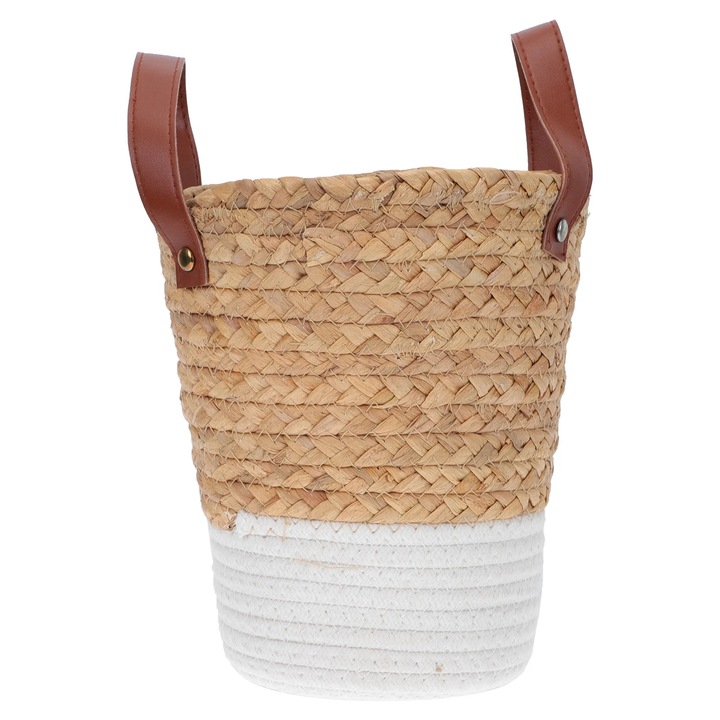 Cos depozitare mic din paie si sfoara bumbac, 27x21x21cm, natural