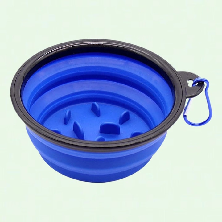 Castron pliabil portabil pentru caini si pisici, cu carabiniera, albastru, 15x15cm