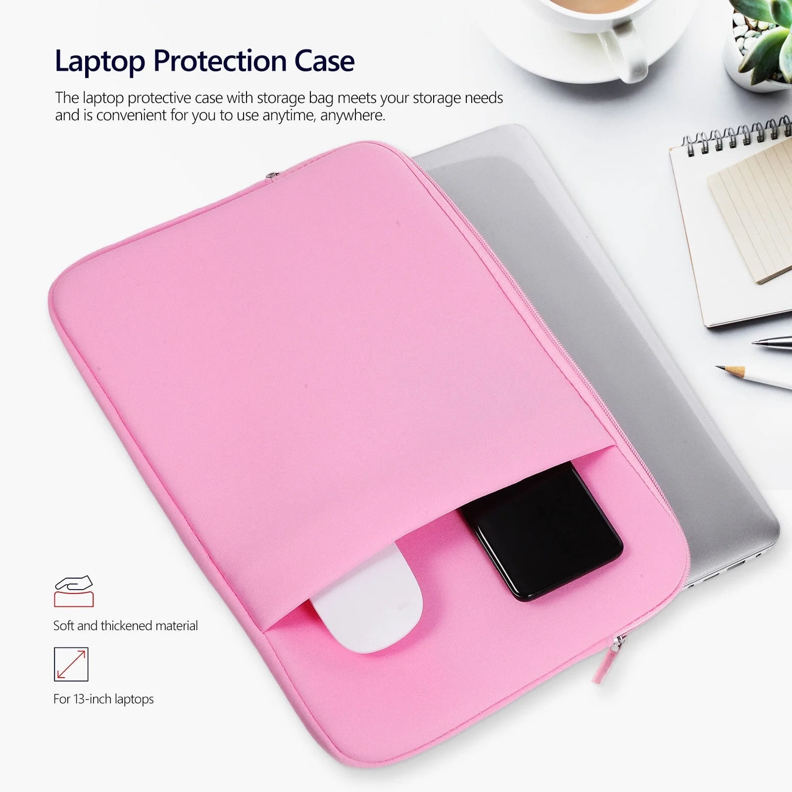 ZYBLSSBB, husa pentru laptop din poliester cu protectie la socuri, buzunar frontal si fermoar metalic bidirectional, roz, 13 inch (36 x 25,5 x 1,6 cm)