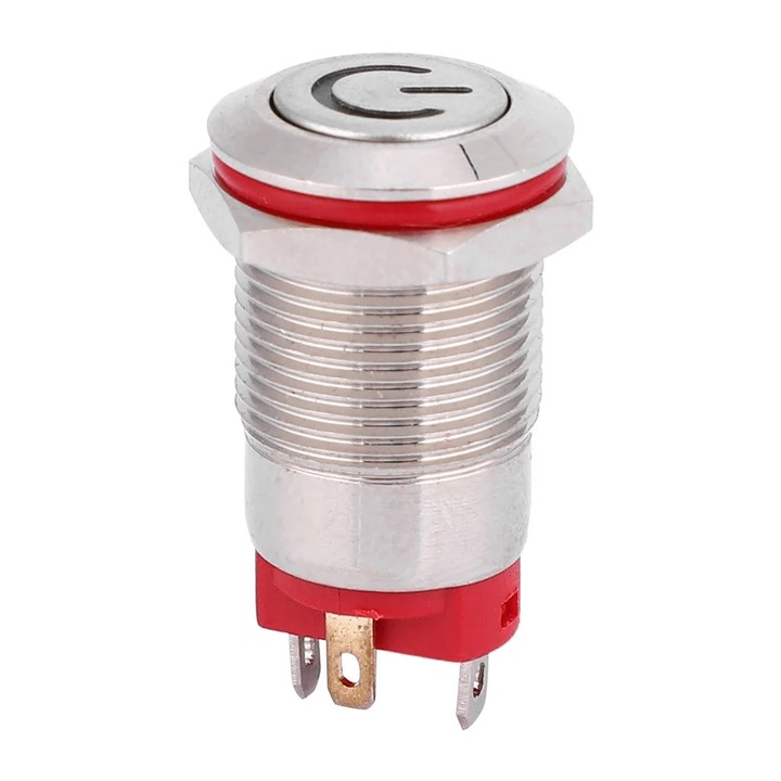 Fém nyomógombos kapcsoló 12mm piros LED önzáró IP66 100-240V