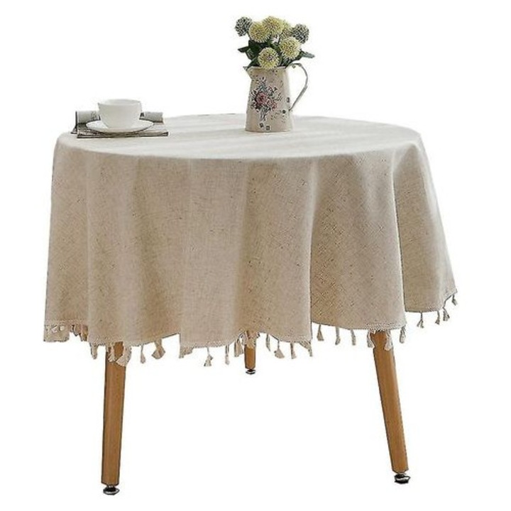 Kerek asztalterítő 150cm, pamut és len, fehér, elegáns rojtokkal