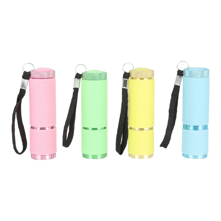 Lanterna portabila ZYBLSSBB LSM2xh4092-BCS0152478, aliaj aluminiu cu finisaj cauciucat, alimentare 3 x AAA, cu snur, 8,7 x 2,6 cm, multicolor, set 4 buc