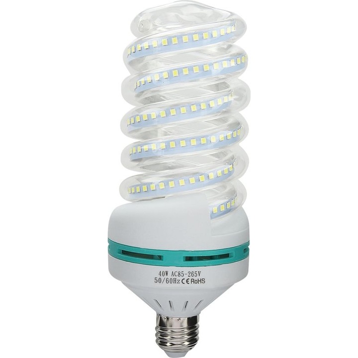 Bec LED spiral E27, hideg fehér, 40x115mm, 7W