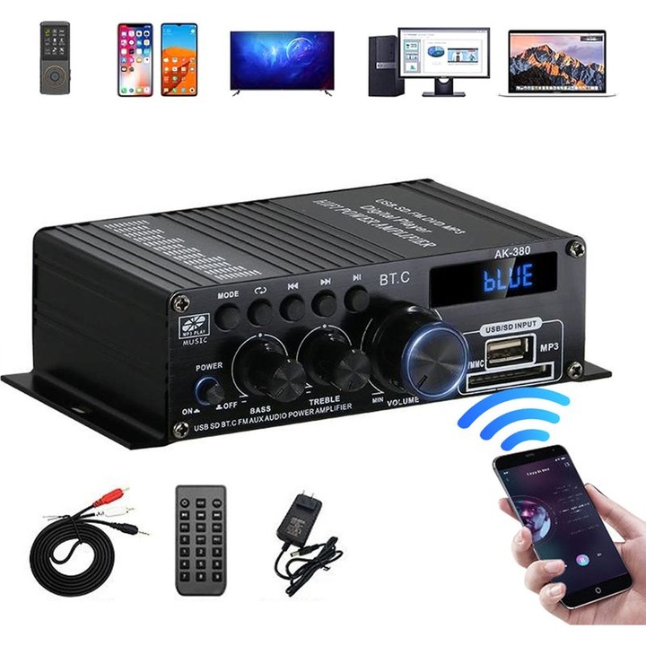 Amplificator audio stereo 40Wx40W Bluetooth 5.0 LED USB SD RCA AUX 12V