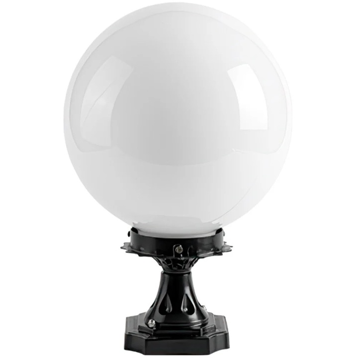 Lampa stalp exterior, glob alb, sticla acrilica aluminiu, 28x20x20cm