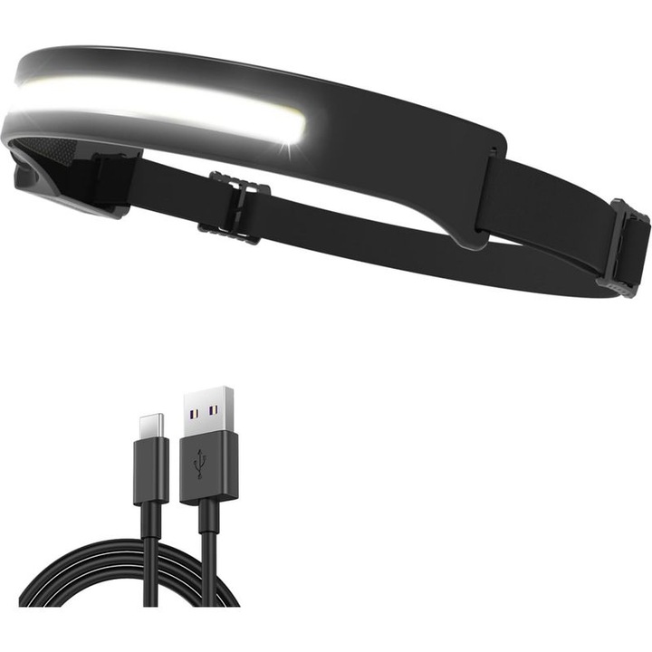 USB újratölthető LED fejlámpa, szenzoros, fekete, állítható, 350 lumen, 45m
