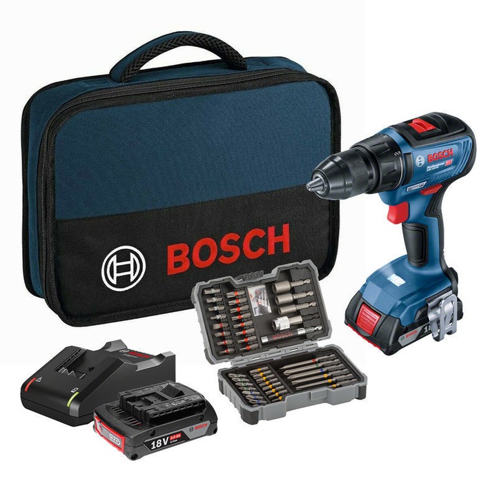 Bosch GSR 18V akkus fúró-csavarbehajtó, szénkefe nélküli, 2 sebességes, 18V, 2x2.0Ah, fém, 1.7kg