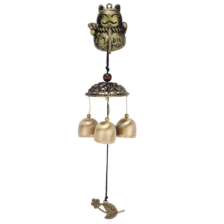 Clopotel de vant ZYBLSSBB LSM2xh6724-BCS0172291, design pisica norocoasa din metal, bronz, 30 x 7 x 6 cm