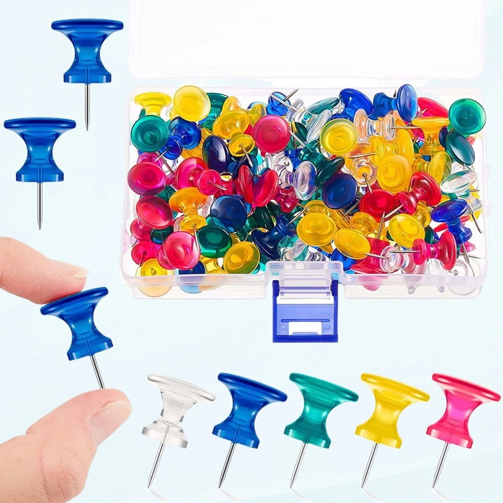 Set pioneze mari, multicolor, 1 inch, 60 buc, cutie plastic reutilizabila
