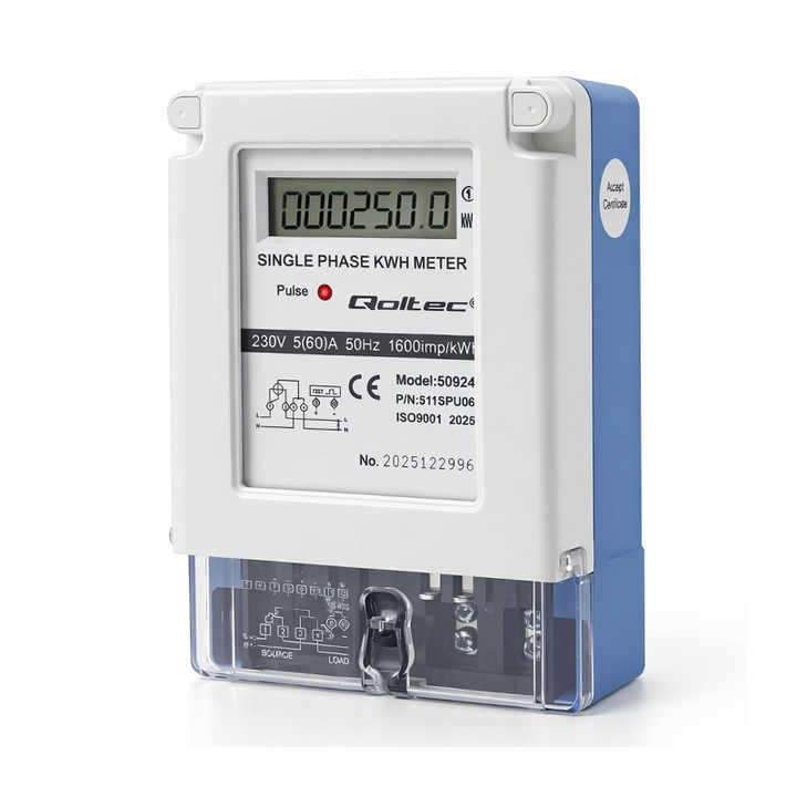 Egyfázisú energiafogyasztásmérő, Qoltec, 5(60)A, LCD kijelző, 230V