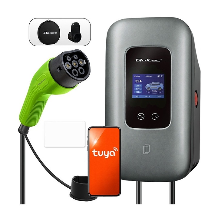 Qoltec 22 kW háromfázisú elektromos jármű töltőállomás, Wi-Fi, LCD, fekete, falra szerelhető
