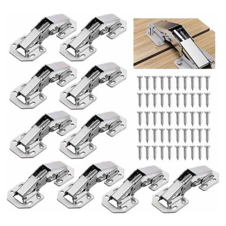 10 db ötvözött acél zsanér készlet, láthatatlan, 3,2x7,7cm, nikkelezett, bútorajtókhoz, 10-16mm vastagságú