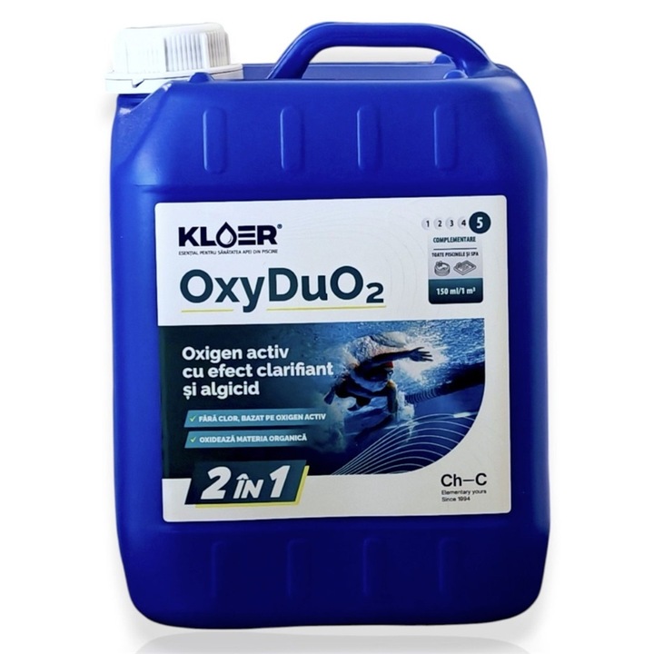 Активен кислород за басейн Kloer OxyDuo2, течен безхлорен препарат 2 в 1 с избистрящ и алгициден ефект, окислява органичната материя, за басейни и СПА, дозировка 150 мл/м3, 5 литра