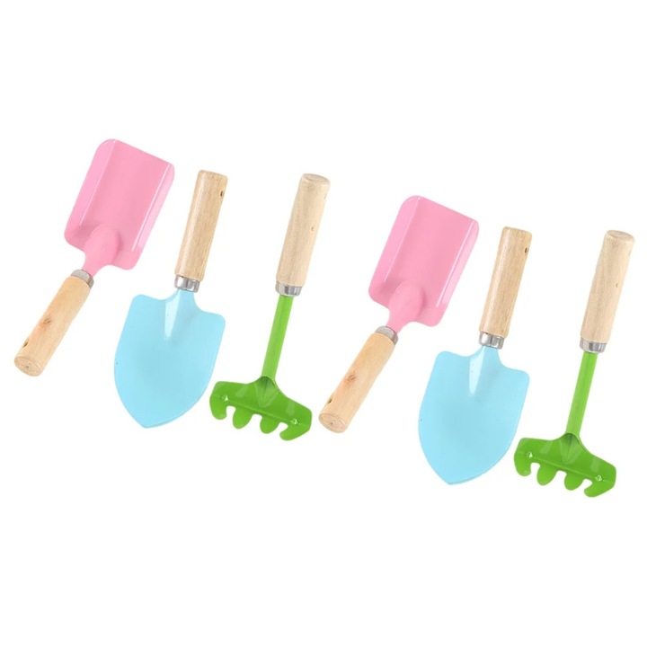 Set unelte gradinarit copii, 6 piese, metal si lemn, maro, 20x15x8cm