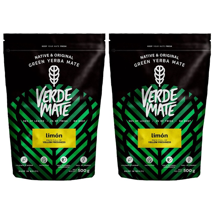 Set Ceai Yerba Mate, Verde Mate, Limon, Brazilia, Aroma Intensa, Aroma Naturala, Frunze Selectate, Selectie Premium, Proces Traditional, Calitate Superioara, Gust Echilibrat, 2x500 g
