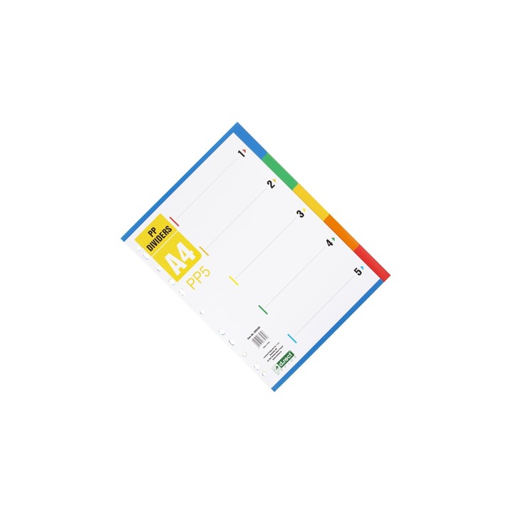Index plastic numerotat 1-5, format A4, cu 11 perforatii universale, din plastic de inalta calitate, pentru organizarea eficienta a documentelor in bibliorafturi. D.RECT sku11