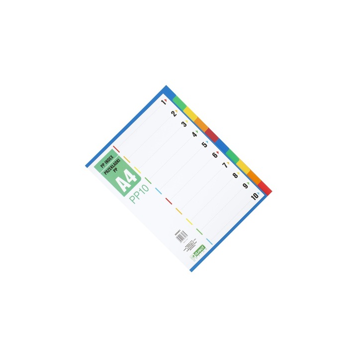 Index plastic A4 1-10, durabil si rezistent la uzura, cu 11 perforatii standard, ideal pentru organizarea eficienta a documentelor in bibliorafturi. D.RECT sku11