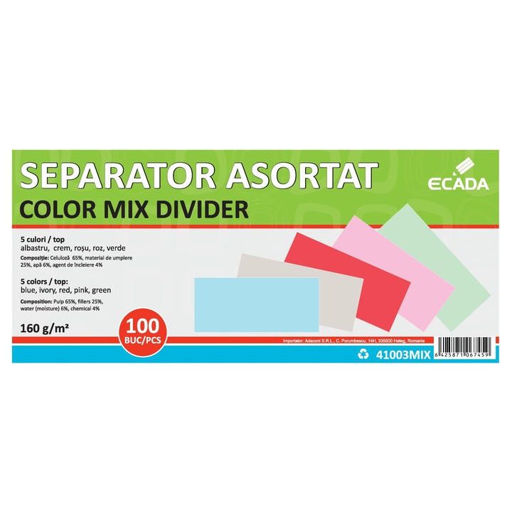 Separator documente din carton, 5 culori asortate, 160 g/m², 10.5 x 24 cm, pentru organizare vizuala eficienta in birou, scoala sau arhiva ECADA sku28