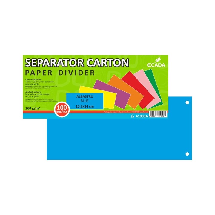 Separator documente din carton, culoare Albastru, dimensiune 10.5 x 24 cm, gramaj 160 g/mp, ideal pentru organizarea eficienta a sectiunilor in dosare si bibliorafturi ECADA sku28