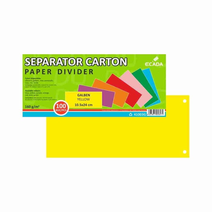Separator documente din carton, Galben, 160 g/mp, 10.5 x 24 cm, ideal pentru organizarea eficienta si identificarea rapida a sectiunilor in dosare, bibliorafturi si caiete mecanice. ECADA sku28