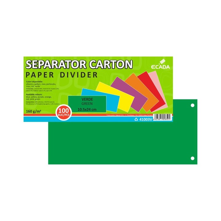 Separator documente din carton, verde, 160 g/mp, 10.5 x 24 cm, pentru organizare eficienta si identificare rapida in dosare, bibliorafturi si caiete mecanice. ECADA sku28