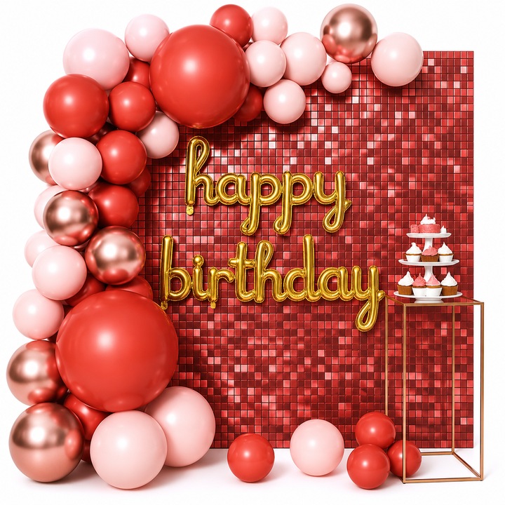 70 db VARENTIS™ Léggömb Szett, Boltív Stílusú, Happy Birthday, Piros, Rózsaszín és Rose Gold, Évfordulós Dekoráció, Party, Candy Bar, Léggömb Füzér Összeszerelő Kiegészítőkkel