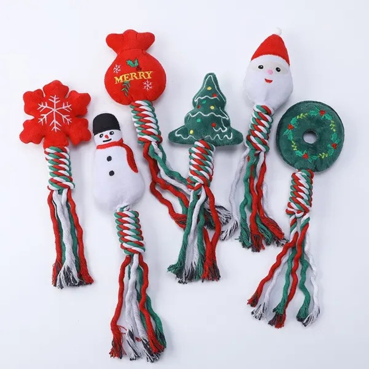 Set 6 jucarii de mestecat pentru caini FU-K0518-260905-2617, tema Craciun, nod din bumbac si plus, multicolor