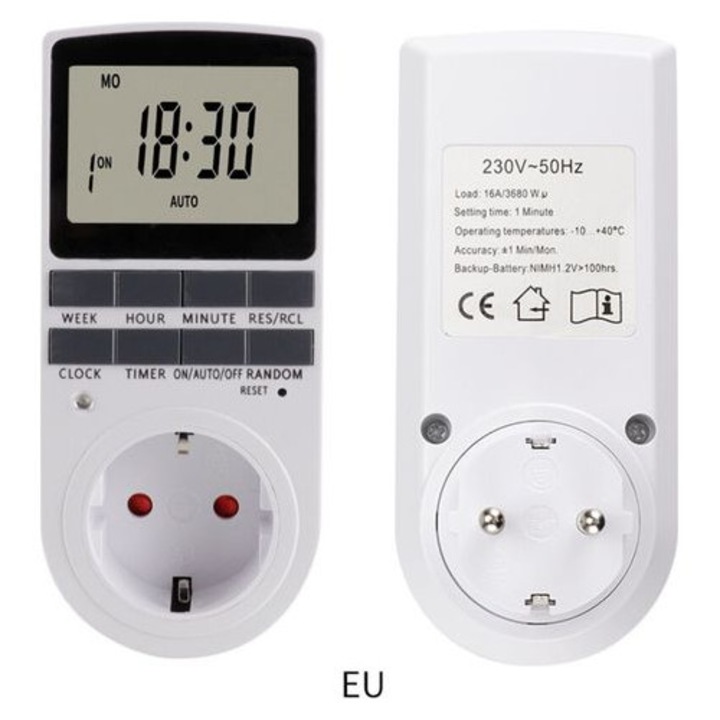 2 db programozható digitális időzítő LCD kijelzővel és 24 órás időzítővel, véletlenszerű funkcióval, fehér