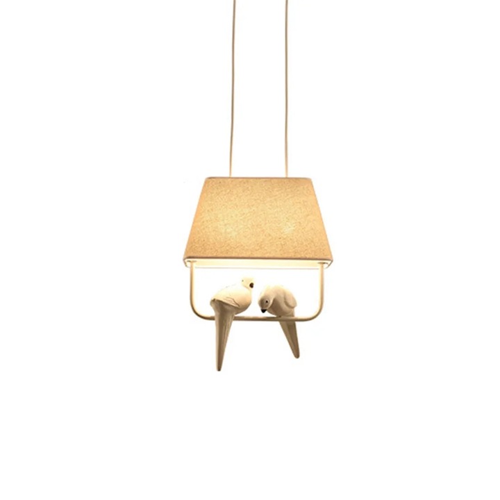 Lustra suspendata, metal si material textil, bej, 35x30cm, lungime reglabila pana la 50cm